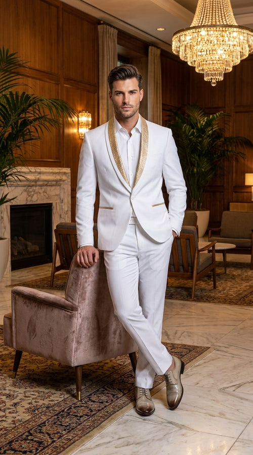 Men’s White and Gold Lapel 2-Piece Tuxedo Suit with Gold Glitter Shawl Lapel – Wedding, Prom and Dinner Jacket