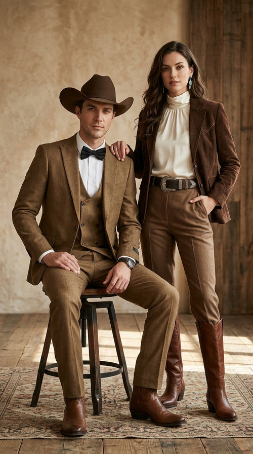 Men’s Light Brown Western 3-Piece Suit – Cowboy Wedding Suit with Vest British Khaki Color