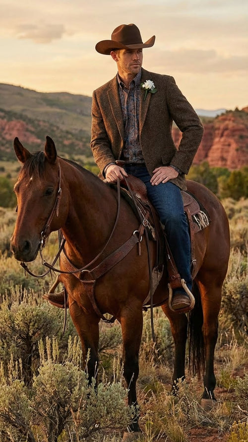 Saco Vaquero Men’s Brown Western Tweed Herringbone Blazer Jacket – Classic Cowboy Style Sport Coat for Wedding Party