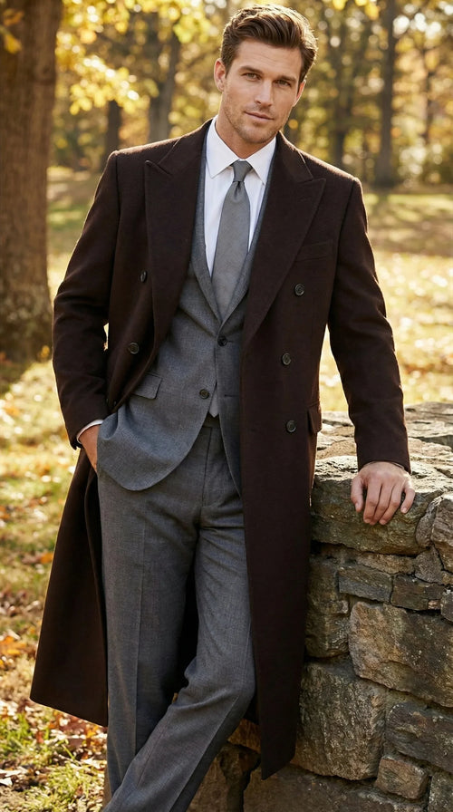 Menās Brown Long Overcoat ā Double Breasted Classic Formal Winter Coat for Business, Topcoat and Cold Weather Wear