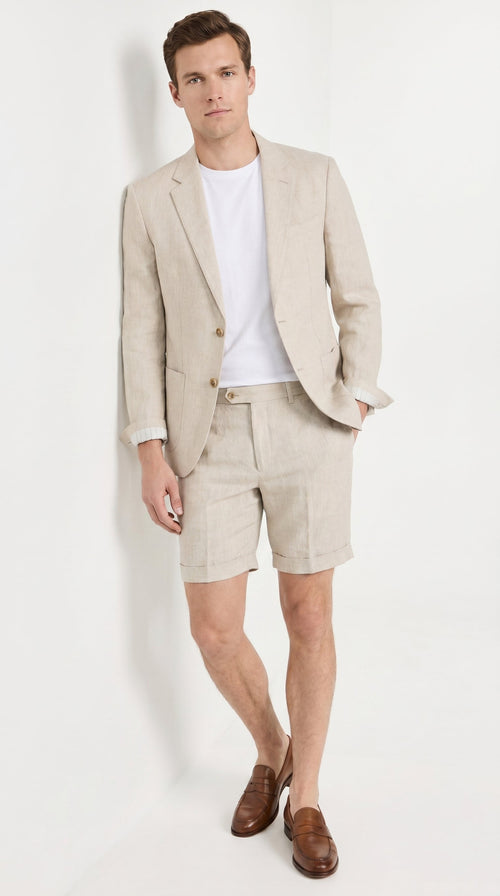 Menās Tan Linen Suit with Shorts, 2 Piece Summer Short Suit, Casual Beach Wedding Outfit