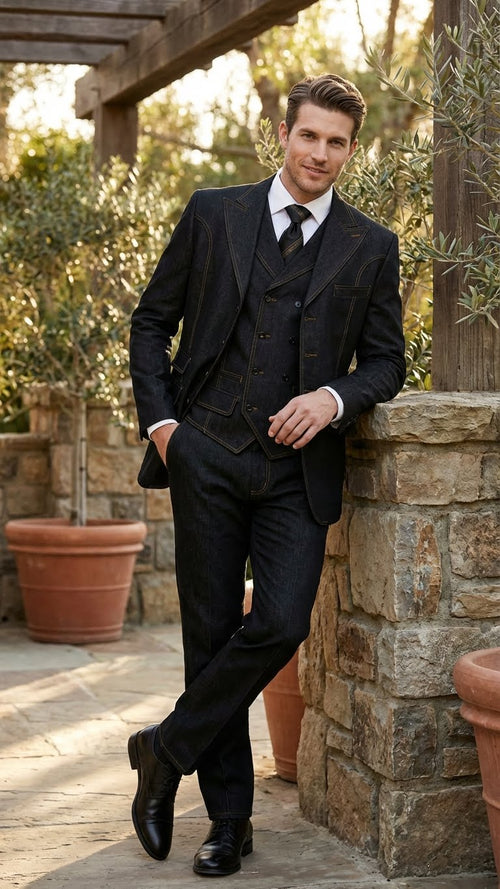Men's Black Denim Fabric Suit β Classic Three Piece Denim Suit for Wedding, Prom and Church Wear