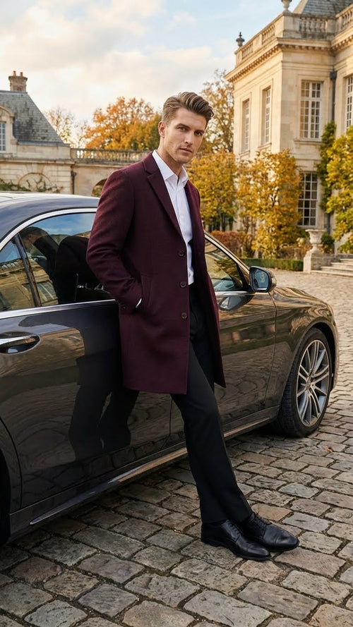 Men’s Burgundy Mid-Length Overcoat – Classic Fit Wool Blend Dress Coat Three Quarter Carcoat Topcoat