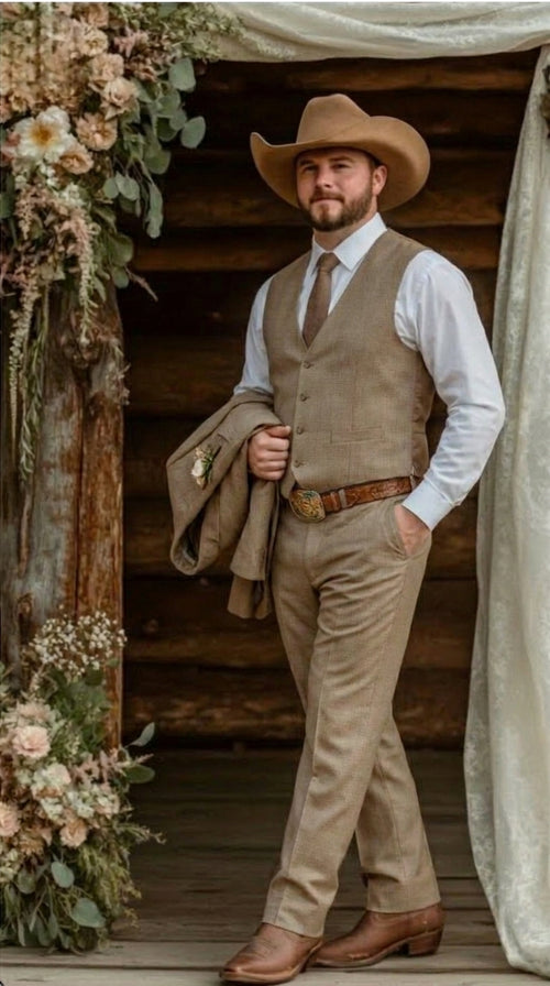 Mens Sharkskin Dark Taupe Tan with sheen Western 3 Piece Suit β Classic Country Style Blazer Vest Pants Set, Formal Cowboy Suit Outfit