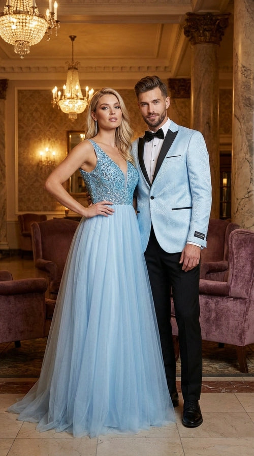 Men’s Baby Blue Tuxedo Blazer with Black Lapel – Formal Dinner Jacket for Wedding, Prom and Evening Events in Sky Light Blue Color