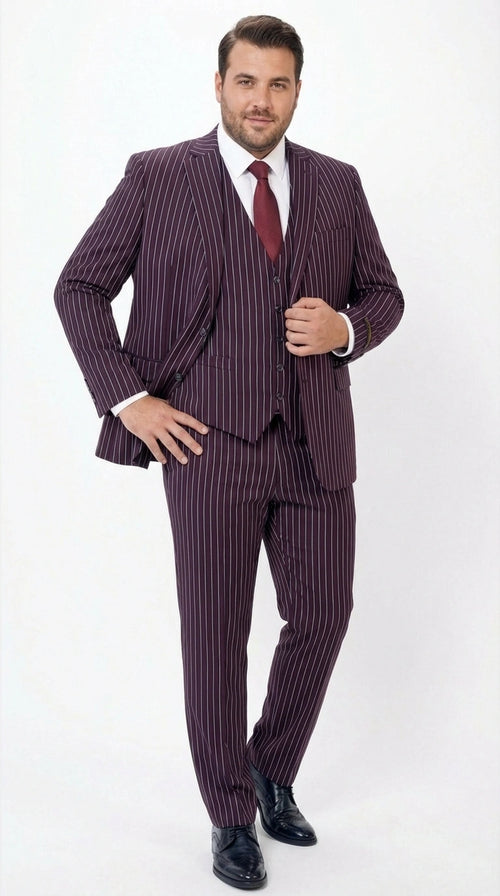 Men’s Plum Eggplant Pinstripe 3 Piece Suit – Burgundy Purple Formal Suit Gangster 1920s Mafia Pimp Suit
