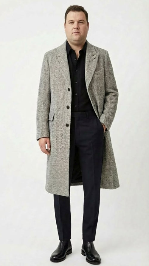 Men’s Grey Herringbone Long Overcoat – Tweed Black and White Pattern Wool Topcoat Three Qaurter