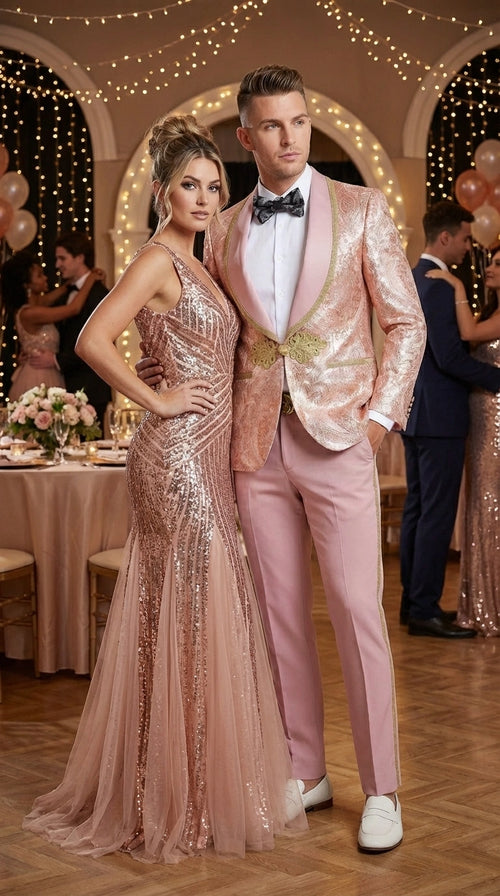 Men’s Rose Gold Pink Prom Tuxedo Suit – Slim Fit Paisley Pattern Formal Tuxedo Suit for Prom, Wedding and Special Events