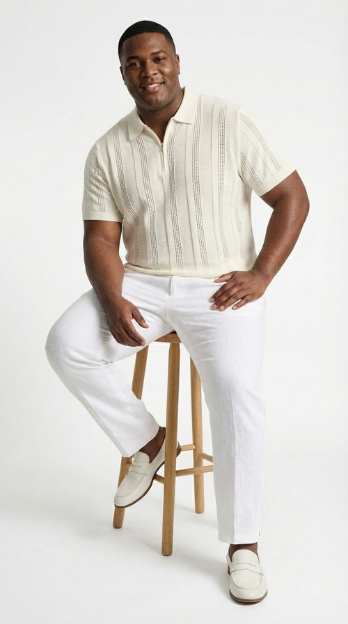 Mens Cream Ivory Off White Knit Walking Suit Set – Lightweight Short Sleeve Shirt and Pants Outfit for Summer, Vacation and Casual Wear