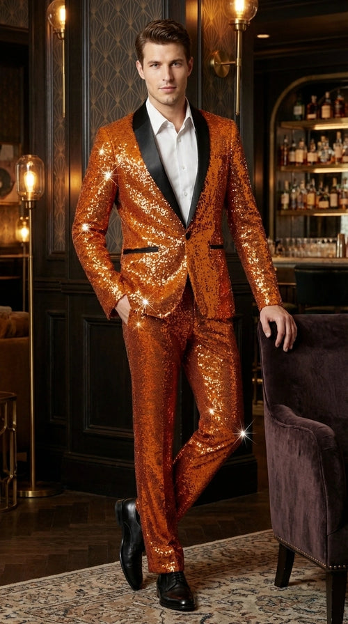 Mens Orange Sequin Tuxedo Suit β Shiny Wedding Suit Set with Black Lapel for Prom, Party, Gala and Formal Evening Wear - Goldish Orange
