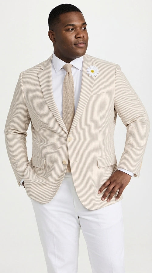 Mens Beige Seersucker Blazer β Lightweight Striped Summer Sport Coat Casual Smart Formal Jacket