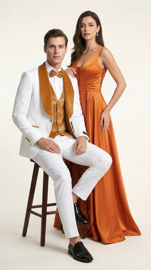 Men's White & Gold Tuxedo β Velvet Shawl Lapel 3 Piece Wedding & Prom Suit