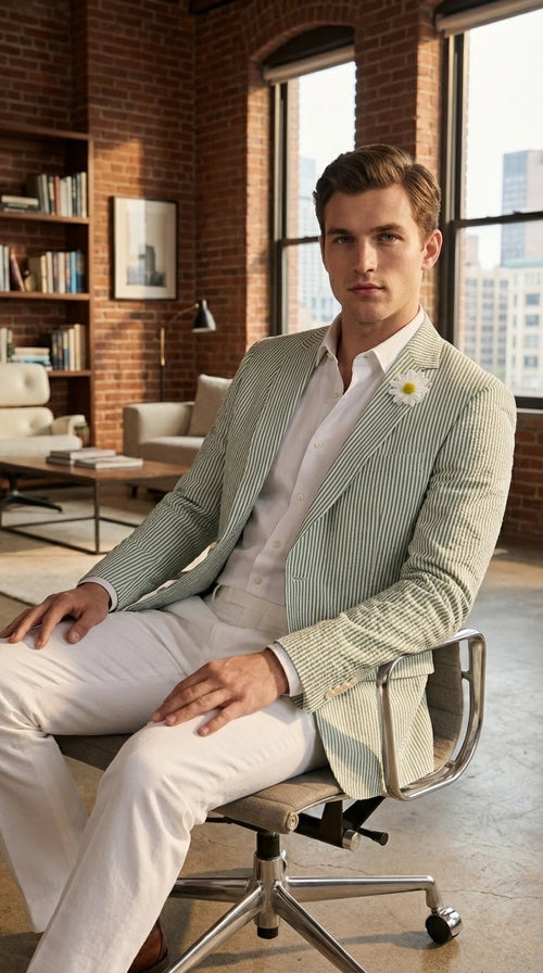 Mens Sage Green Seersucker Blazer – Lightweight Striped Summer Sport Coat Casual Smart Formal Jacket