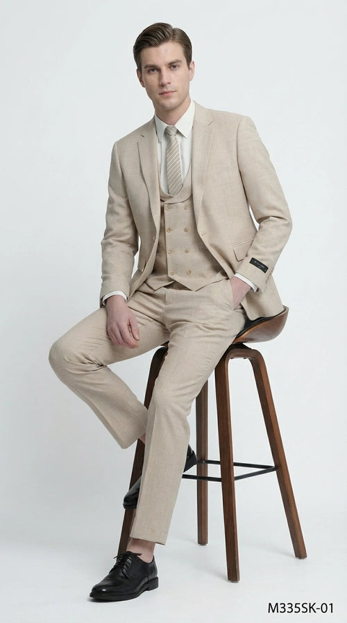 Mens Sand Beige 3 Piece Suit β Double breasted Vest Formal Suit Set and Dress Pants in Champaign Natural Summer Color