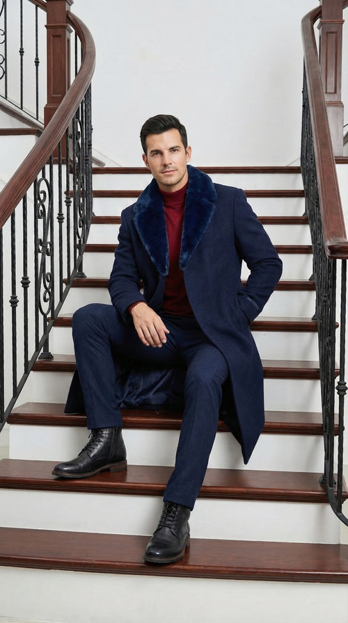 Men’s Dark Navy Blue Long Overcoat with Faux Fur Collar, Classic Winter Dress Coat for Formal