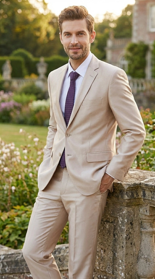 Men’s Champagne Tan Sharkskin 2 Button Suit – Shiny Formal Suit with Optional Vest for Wedding, Prom, Business Beige Color