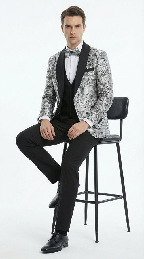 Mens Black and Silver Floral Tuxedo β Luxury Patterned Wedding, Prom and Formal Dinner Tuxedo