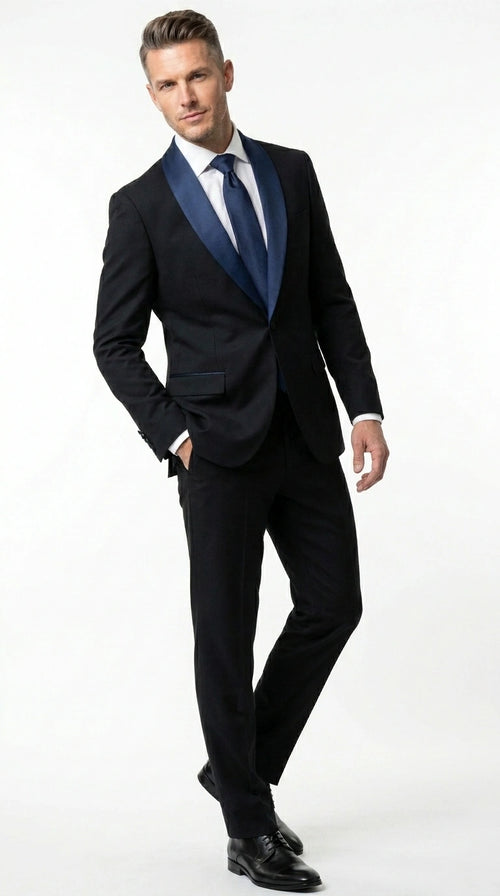 Men’s Black Suit with Navy Blue Lapel – Elegant Formal Tuxedo Style Suit for Wedding, Prom, Party and Evening Wear