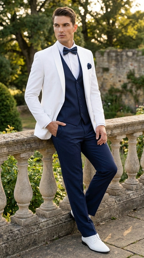 Men’s White and Navy blue tuxedo 3 Piece Suit – Classic White Blazer with Navy Vest and Pants for Wedding, Party + Bowtie