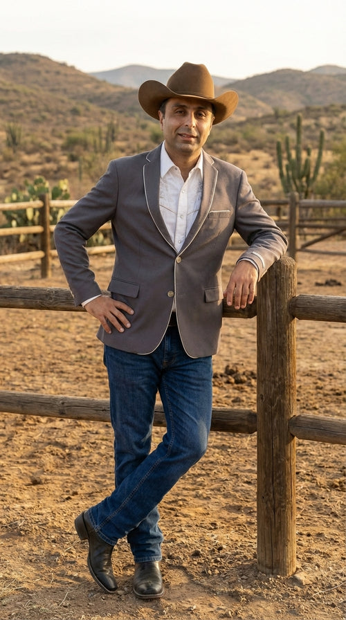 Mens Grey and White Trim Western Blazer β Classic Fit Cowboy Style Contrast Trim Dress Jacket