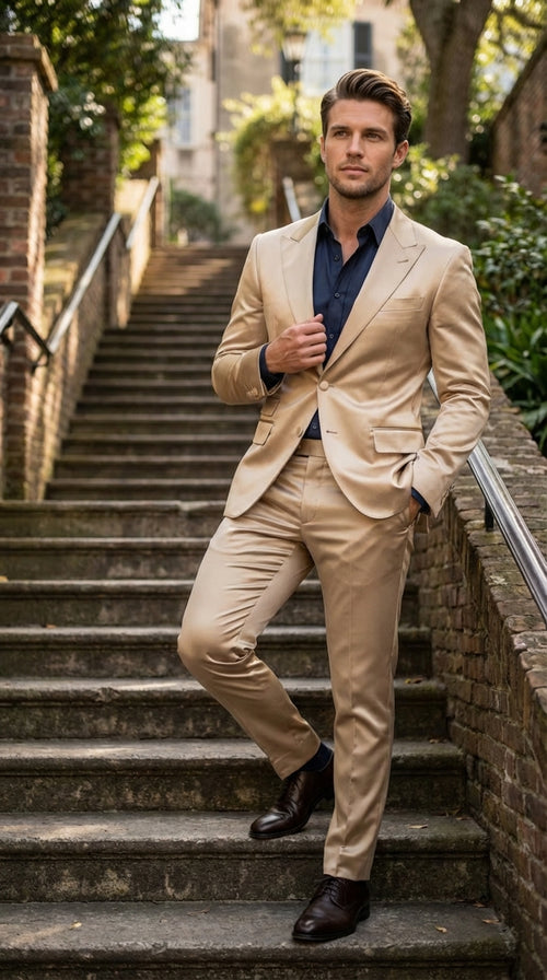 Mens Shiny Champagne Gold Two Piece Suit – Luxury Formal Satin Finish Suit for Wedding, Party and Evening Wear