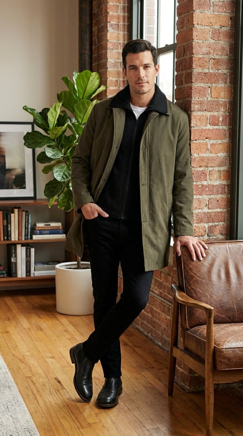 Mens Olive Brown Trench Coat Raincoat β Classic Water Resistant Long Coat with Zip and Button Closure for Business, Travel and Everyday Outerwear