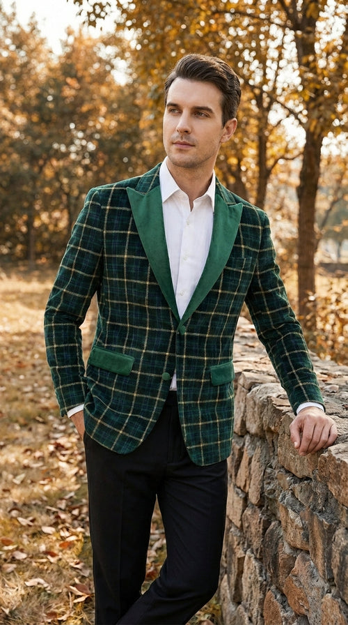 Mens Tartan Green and Gold Check Blazer β Windowpane Plaid Sport Coat Velvet Lapel Plaid Christmas Holiday New Year Jacket
