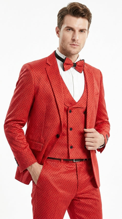 Tazio Men’s Cherry Red and Black Polka-Dot 3-Piece Suit – Skinny Fit Prom, Wedding and Party Suit or Tuxedo