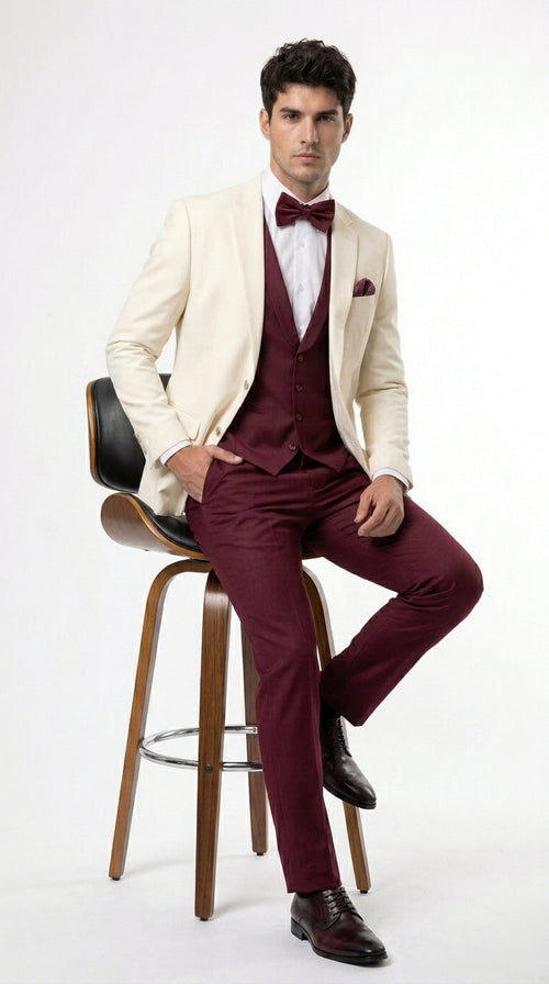 Menās Cream Ivory and Burgundy 3 Piece Tuxedo Suit, Vested Formal Wedding Prom Dinner Suit in Cream Off White Color
