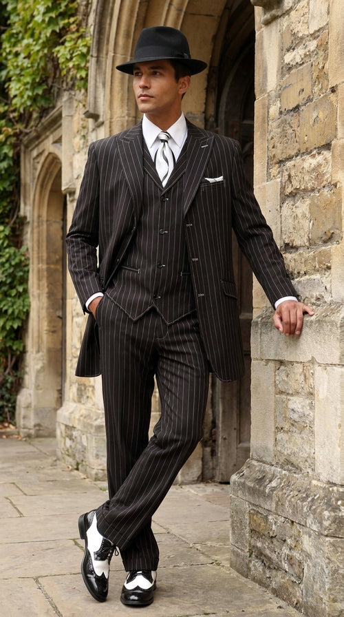 Men’s Black Pinstripe Zoot Suit – 3-Piece 1920s Gangster Vested Formal Suit