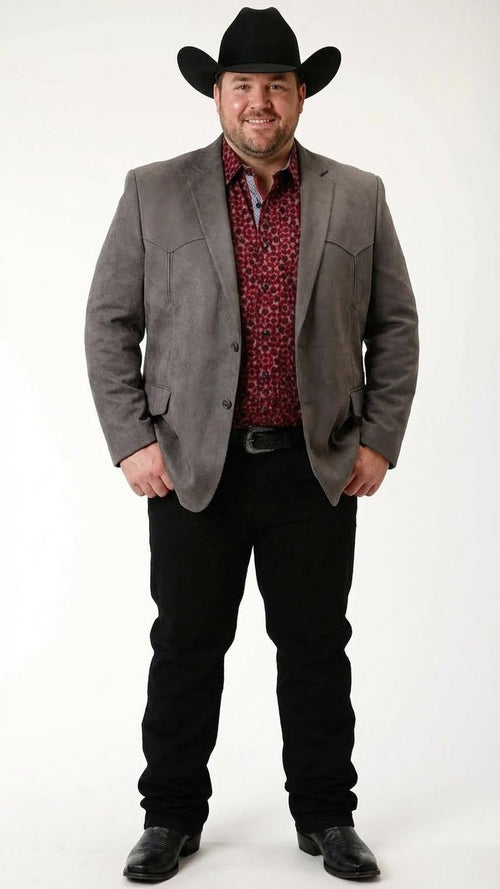 Saco Vaquero Men’s Charcoal Gray Western Faux Suede Blazer – Double Button Cowboy Jacket for Wedding & Party Wear