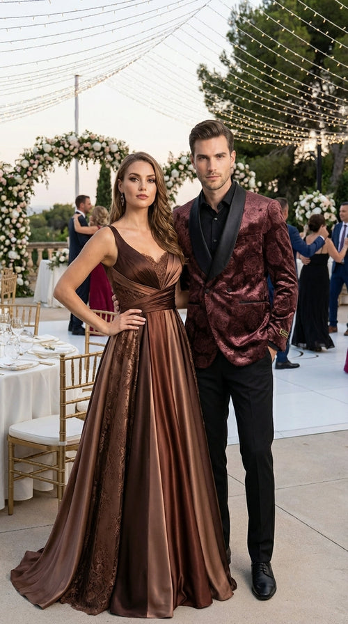 Mens Rust Copper Brick color Floral Jacquard Pasiley Blazer β Pattern Dinner Jacket with Black Shawl Lapel for Formal dinners and Wedding