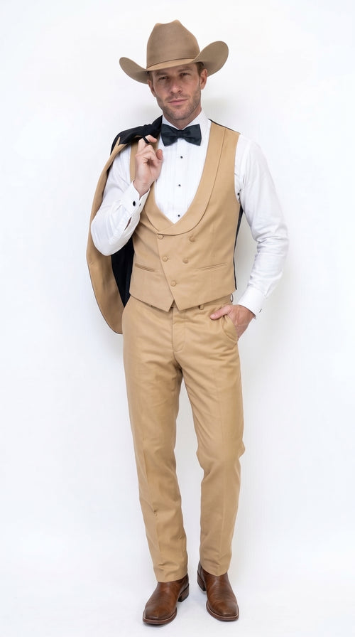 Men's Western Khaki Cowboy Tuxedo Suit ā Black & Tan Beige Peak Lapel 3-Piece Vested Formal Cowboy Suit