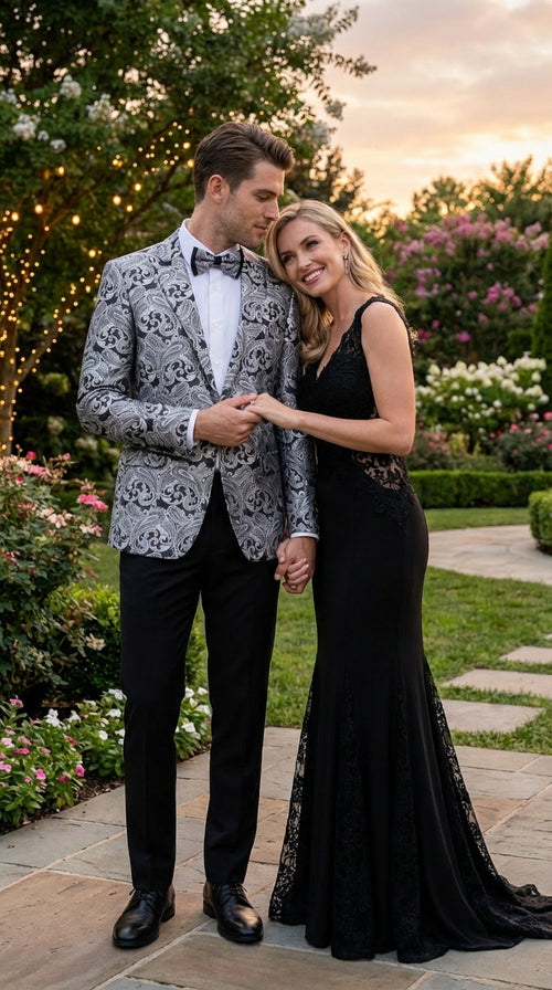 Men’s Silver and Black Paisley Prom Blazer Jacket | Printed Formal Evening Tuxedo Blazer + Free Matching Bow Tie
