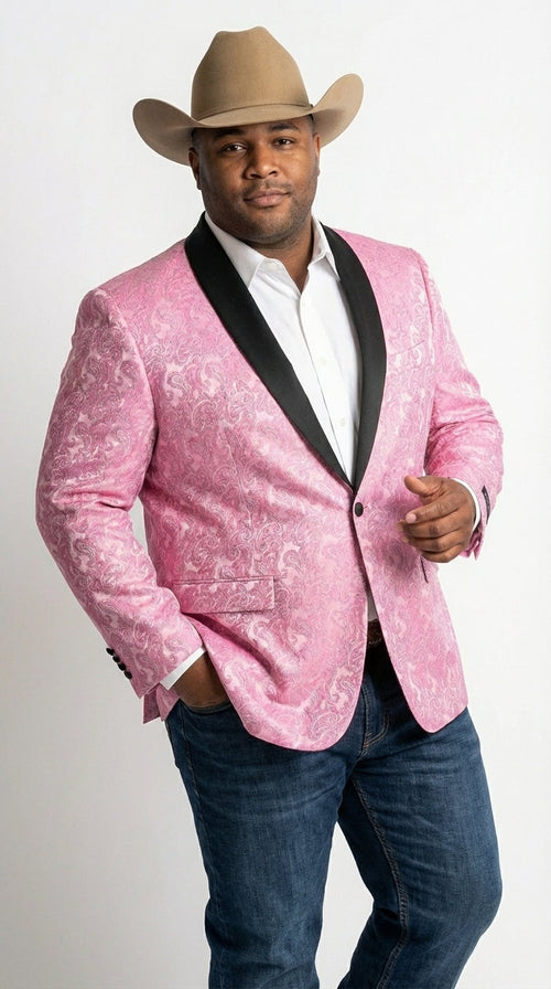 Mens Hot Pink Paisley Western Blazer Jacket β Stylish Pattern Formal Blazer with Black Shawl Lapel for Party, Wedding Cowboy Sportcoat