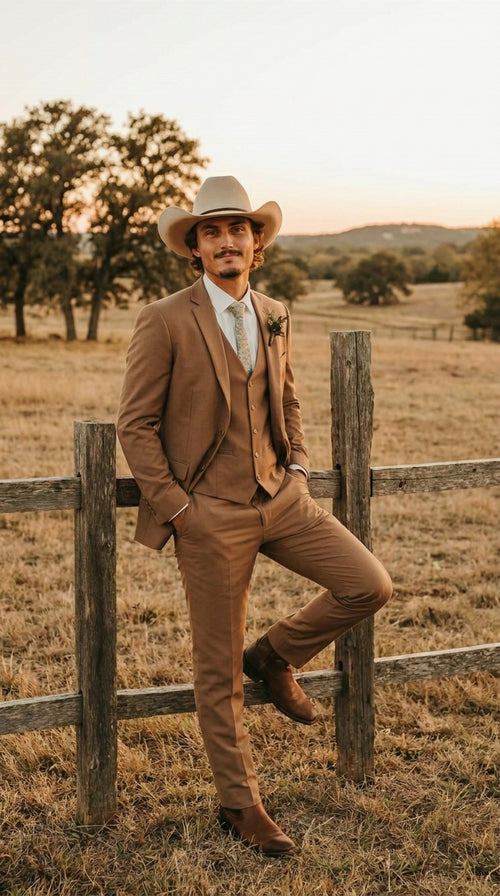 Mens Camel Brown Copper Western 3 Piece Suit β Classic Country Style Blazer Vest Pants Set, Formal Cowboy Suit Outfit