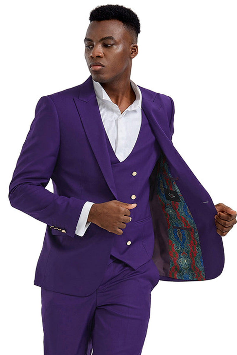 Men's Purple Vested Suit with Gold Buttons