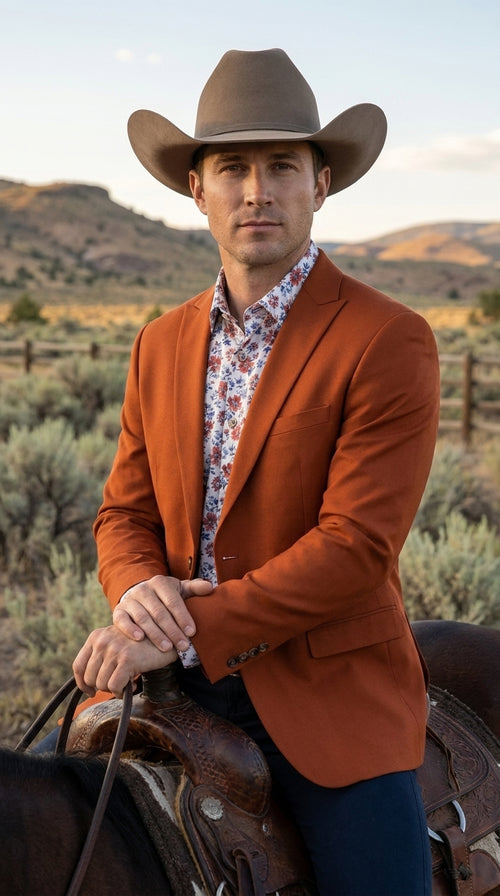 Men’s Rust Cowboy Western Blazer – Copper Brick Color Two Button Sport Coat Peak Lapel Modern Fit