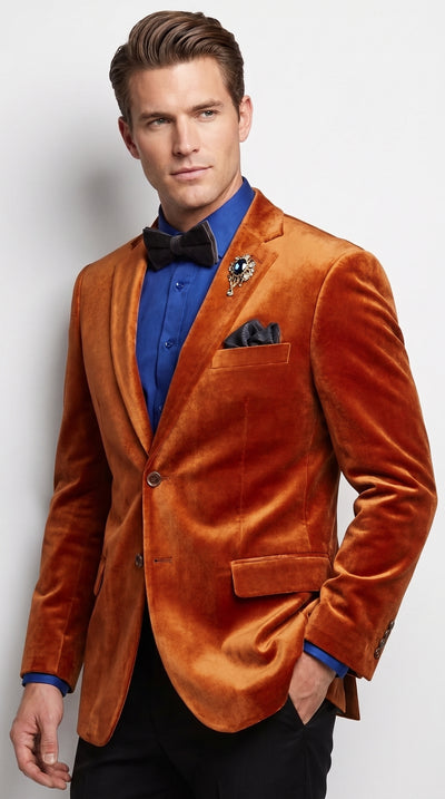 Menβs Burnt Orange Velvet Blazer β Kingsman Golden Bee Inspired Luxury Dinner Jacket