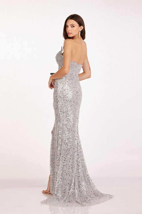 Abby Paris 90250 Sequin Strapless Beaded Slit Gown