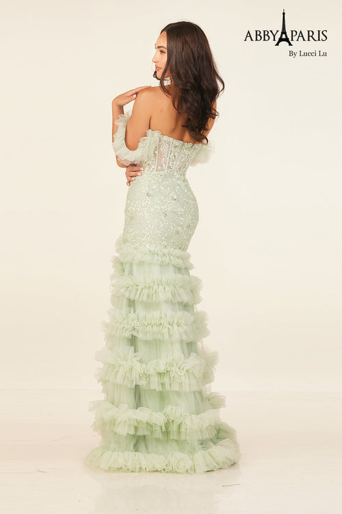 Abby Paris 90329 Off Shoulder Ruffled Slit Evening Gown