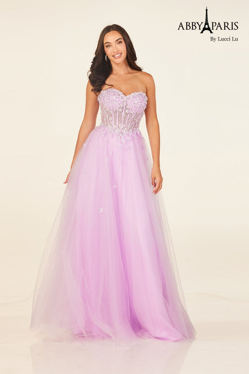 Abby Paris 90338 Beaded Strapless A-line Evening Gown