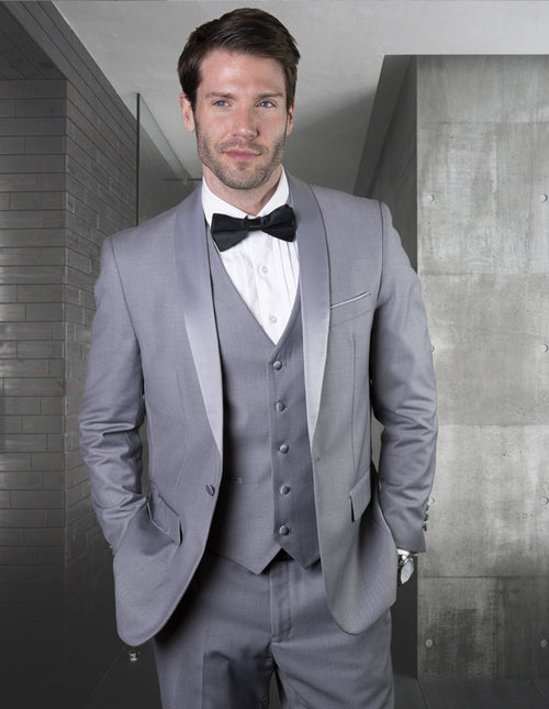 Mens Wool One Button Modern Fit Vested Shawl Tuxedo in Grey by Statement