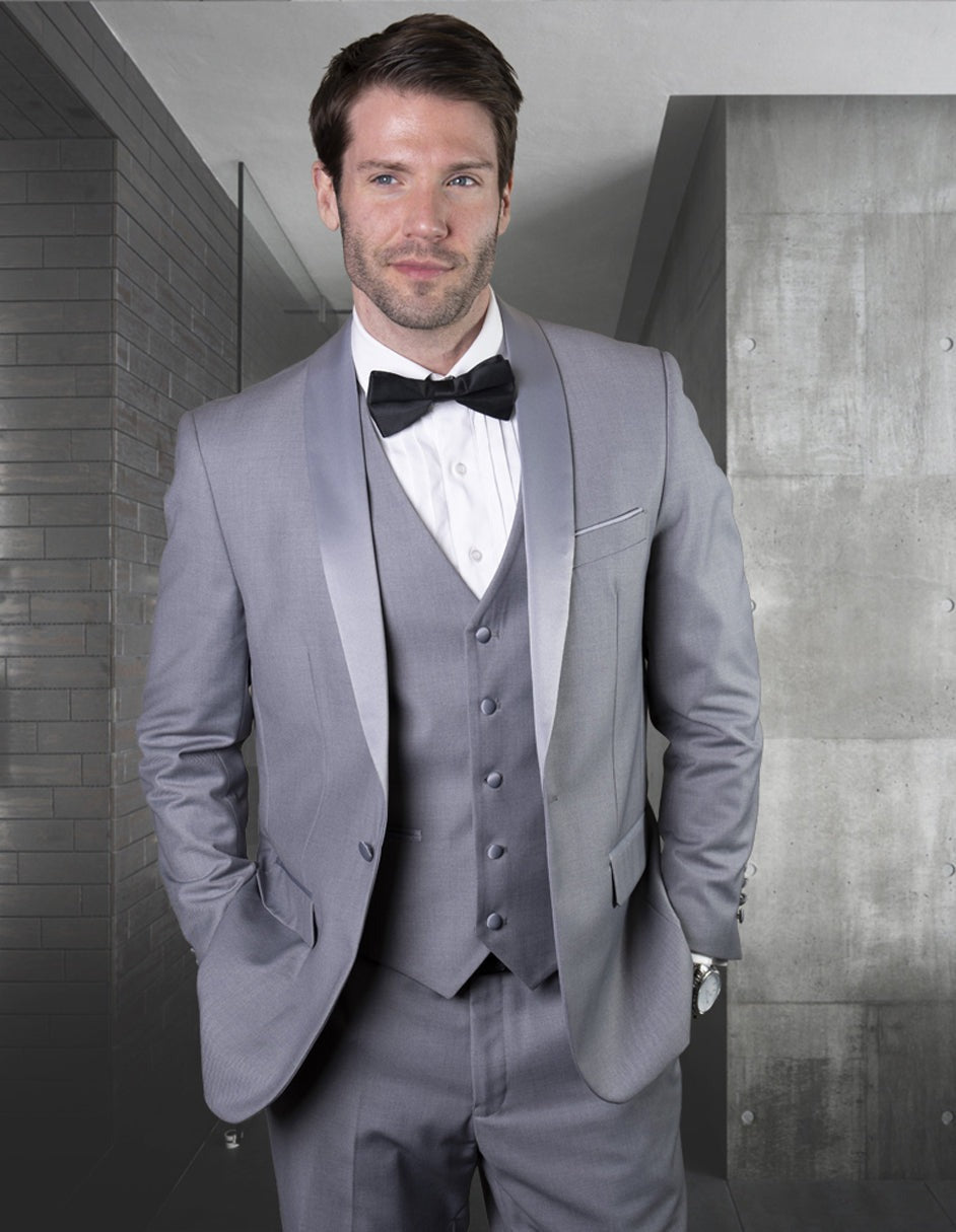 Mens Wool One Button Modern Fit Vested Shawl Tuxedo in Grey by Statement