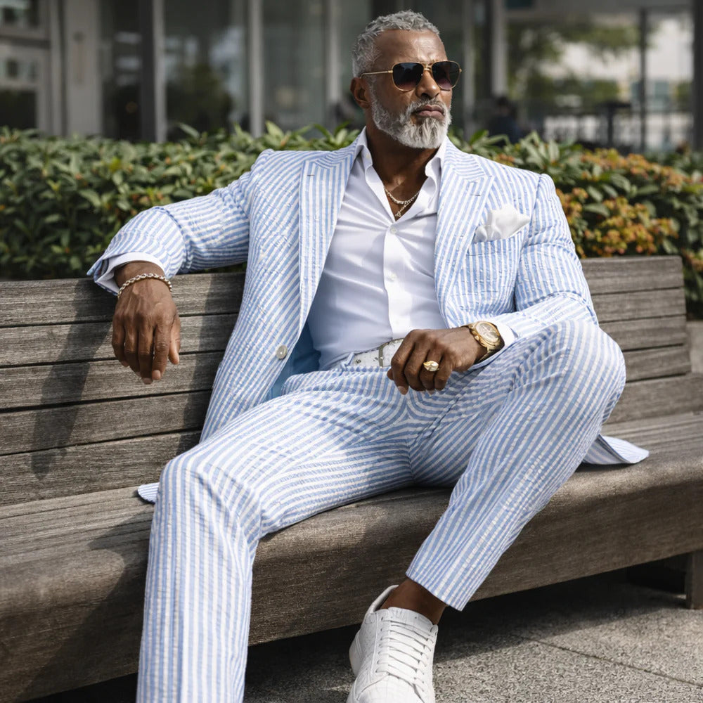 Inserch Mens Premium Cotton Seersucker Stripe Suit β Light Blue