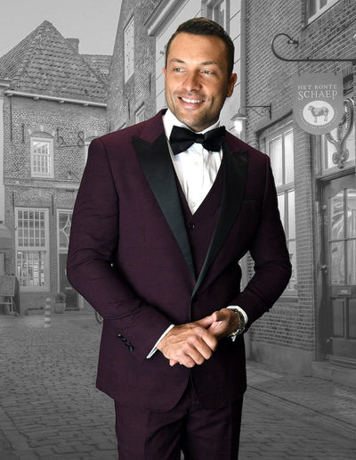 Mens Vested Wide Peak Lapel Prom Tuxedo in Burgundy by Statement