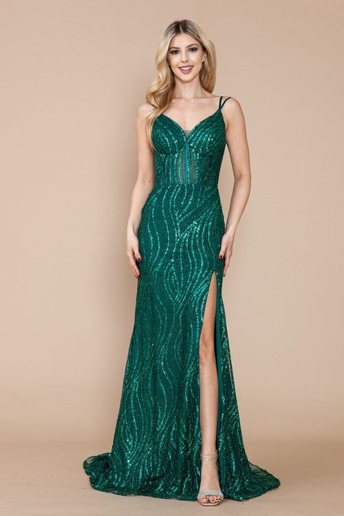 Poly USA 9400 Spaghetti Strap Glitter Mesh Corset Red Carpet Dress