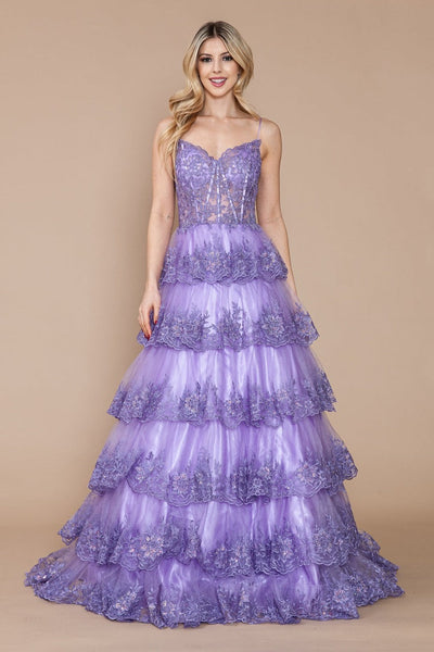 Poly USA 9402 Sleeveless Sheer Bodice Layered Embellished Evening Gown