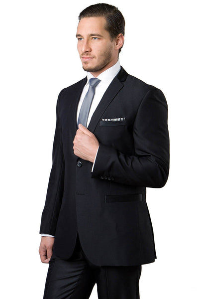 Men's Shiny Sharkskin Suit in Black with Contrast Details