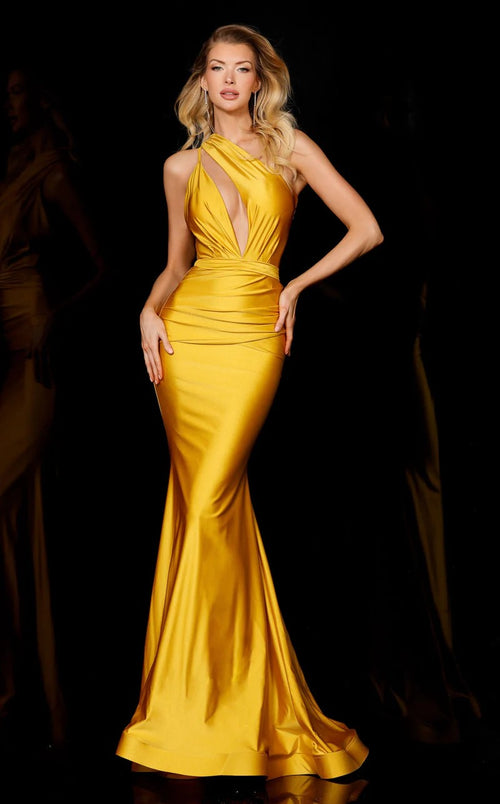 Jessica Angel JA951 One-Shoulder Fitted Cutout Ruched Court Train Jersey Dress